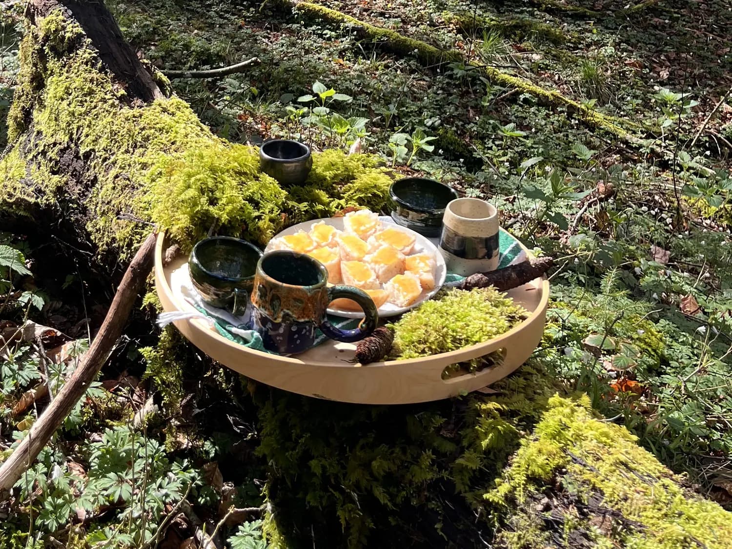 A forest tea ceremony: a tray of handmade cups on a mossy log